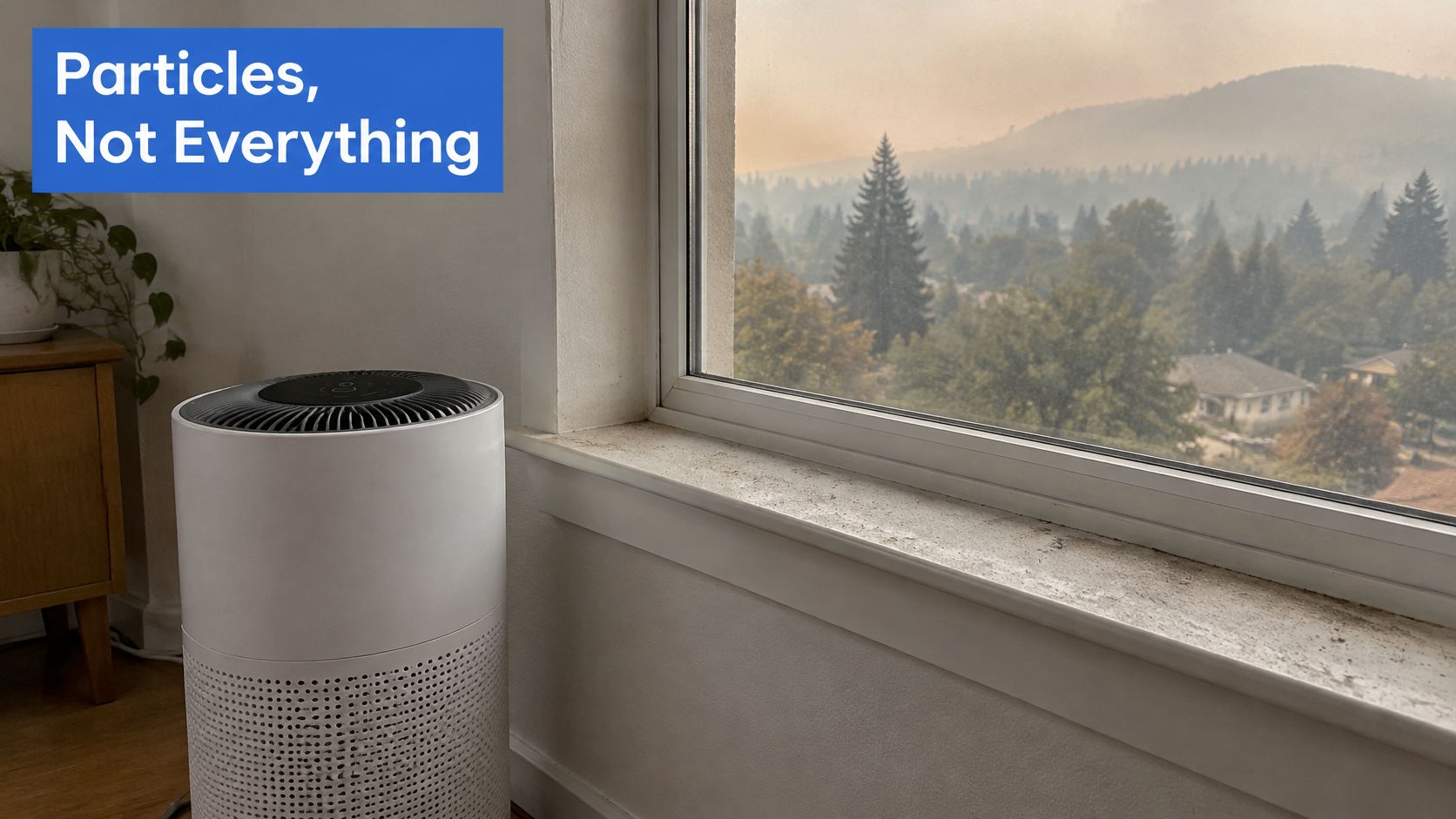 A HEPA air purifier stands inside a room near a window with hazy, wildfire-impacted outdoor air.