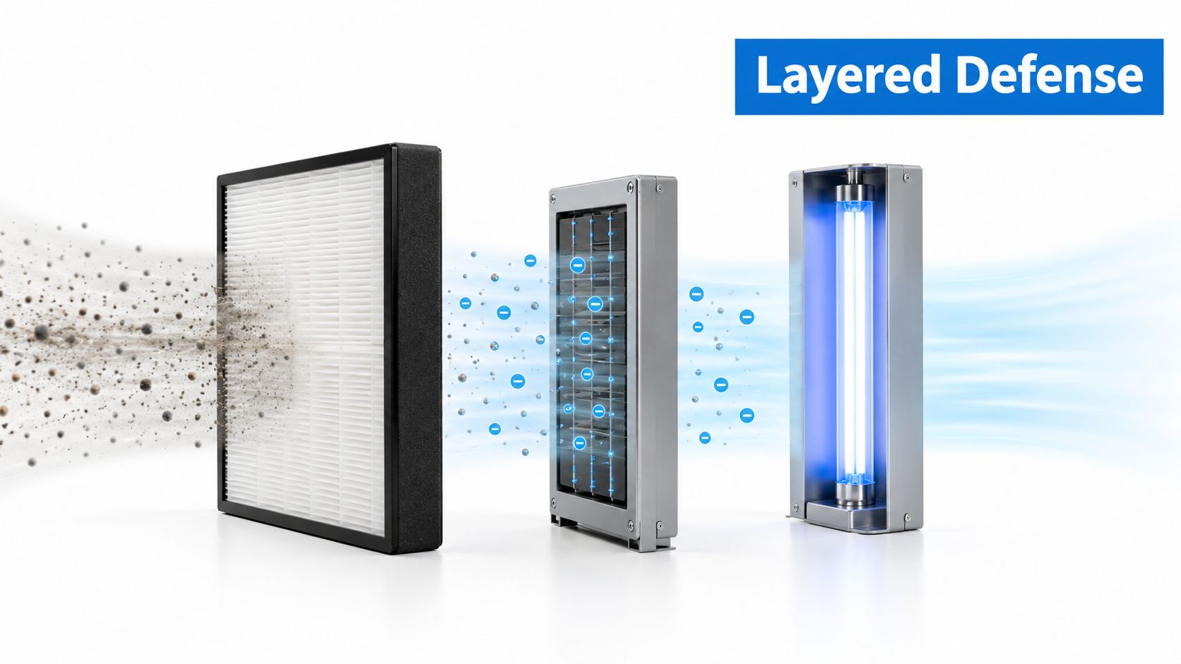 A diagram demonstrating an air filtration system with a filter, ionizer, and UV light for air purification.