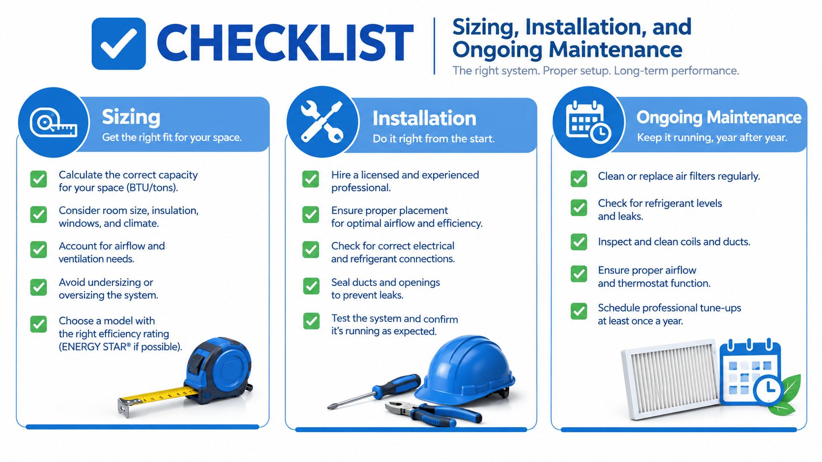 A checklist infographic covering the sizing, installation, and ongoing maintenance steps for a home heating and cooling system.
