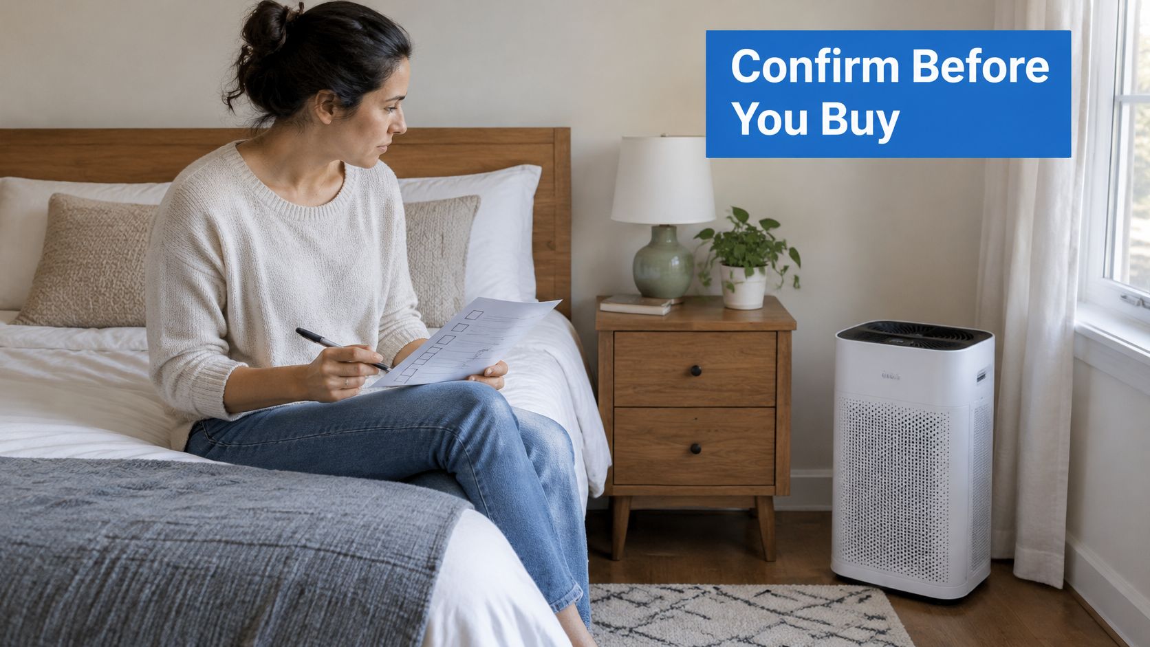 A woman sitting on a bed checking a list next to a white HEPA air purifier.