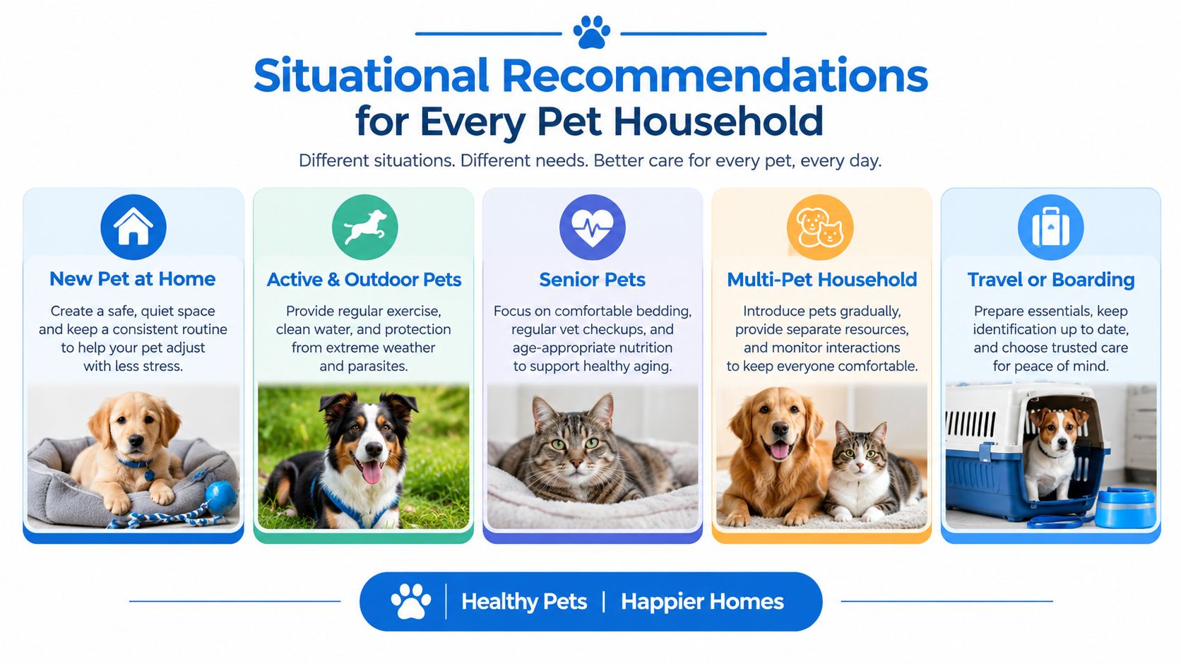 A pet care infographic titled Situational Recommendations for Every Pet Household, illustrating five categories of essential pet advice.