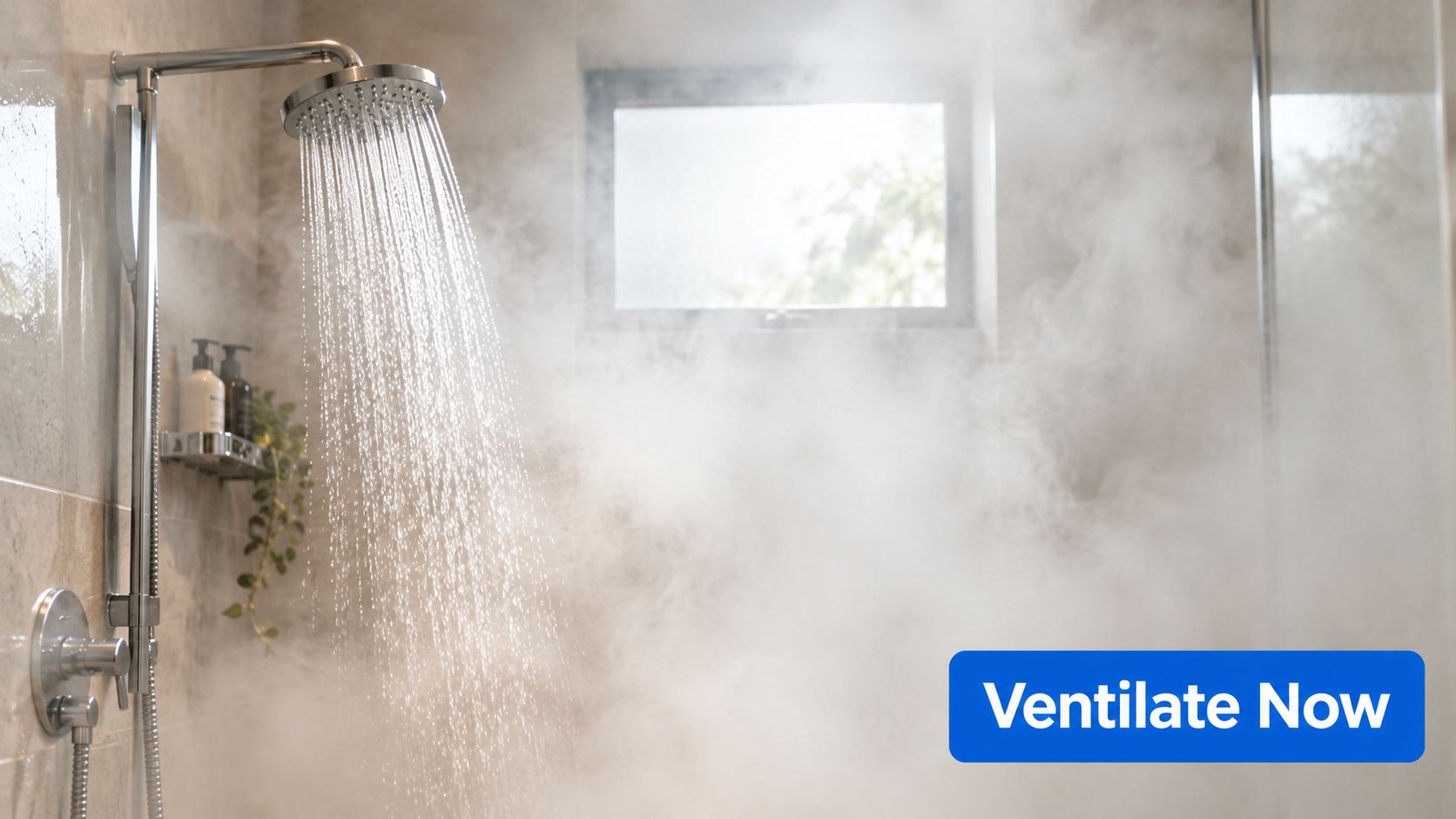A steaming hot shower in a bathroom with a window, representing the need for proper ventilation.