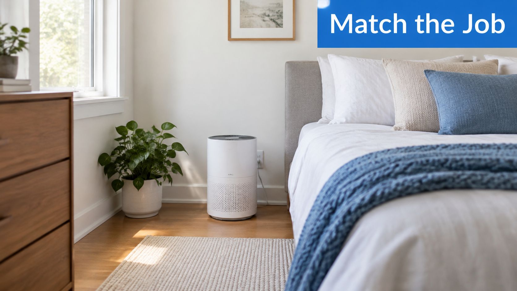 A clean, modern bedroom featuring a small white HEPA air purifier placed on a wooden floor.