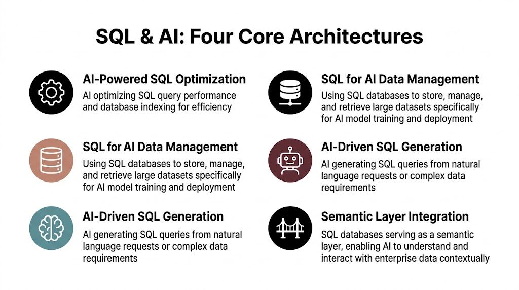 A diagram infographic titled SQL and AI displaying four core architectural patterns for integrating artificial intelligence with databases.