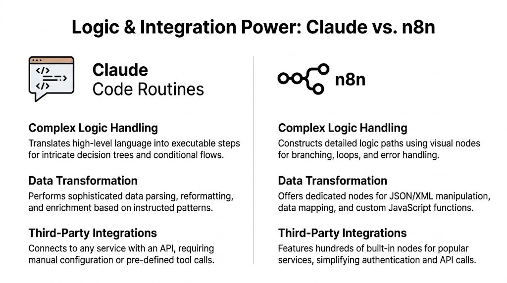 A comparison chart showing the differences in logic and integration capabilities between Claude Code Routines and n8n.