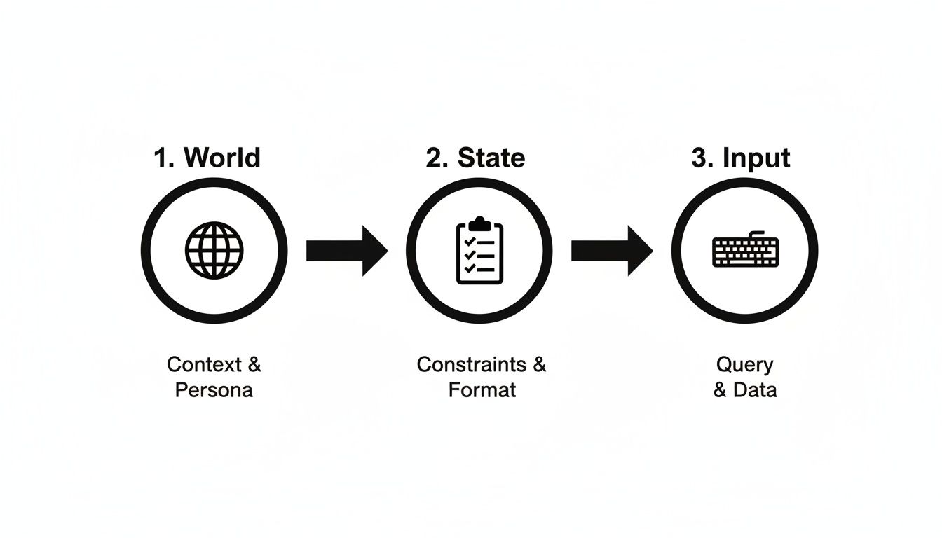 Flowchart illustrating three stages: World, State, and Input, with descriptive labels and icons.