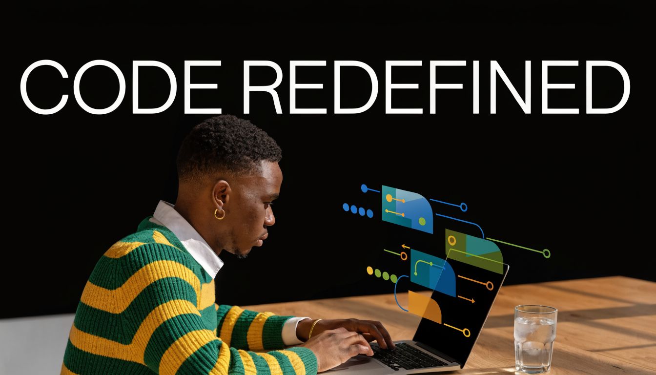 A focused man wearing a patterned sweater works on a laptop with digital graphic overlays nearby.
