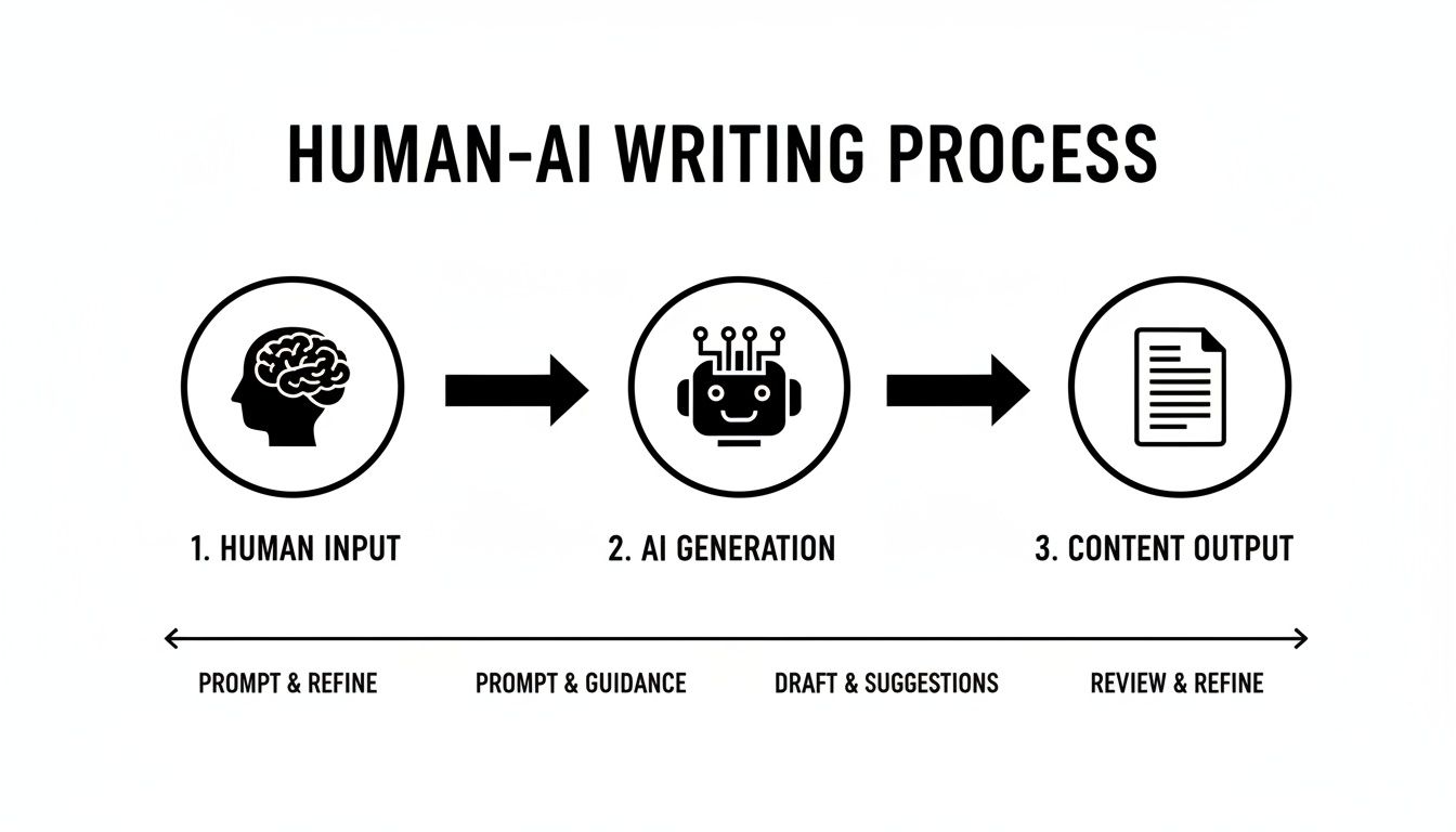 Flowchart showing the human-AI writing process with steps for input, AI generation, and content output.