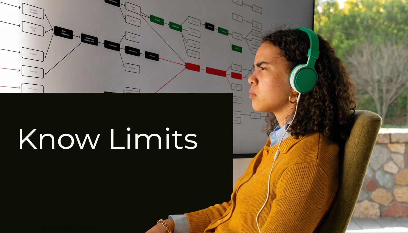 A person wearing green headphones stares thoughtfully at a complex flow chart on a digital screen.