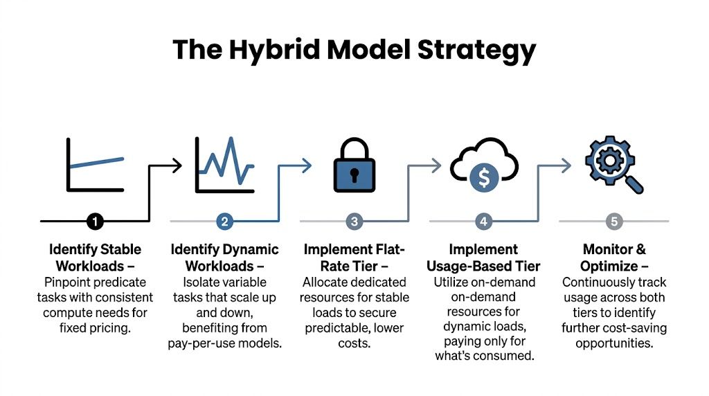 A five-step flowchart illustrating the hybrid model strategy for optimizing cloud computing costs and workload management.