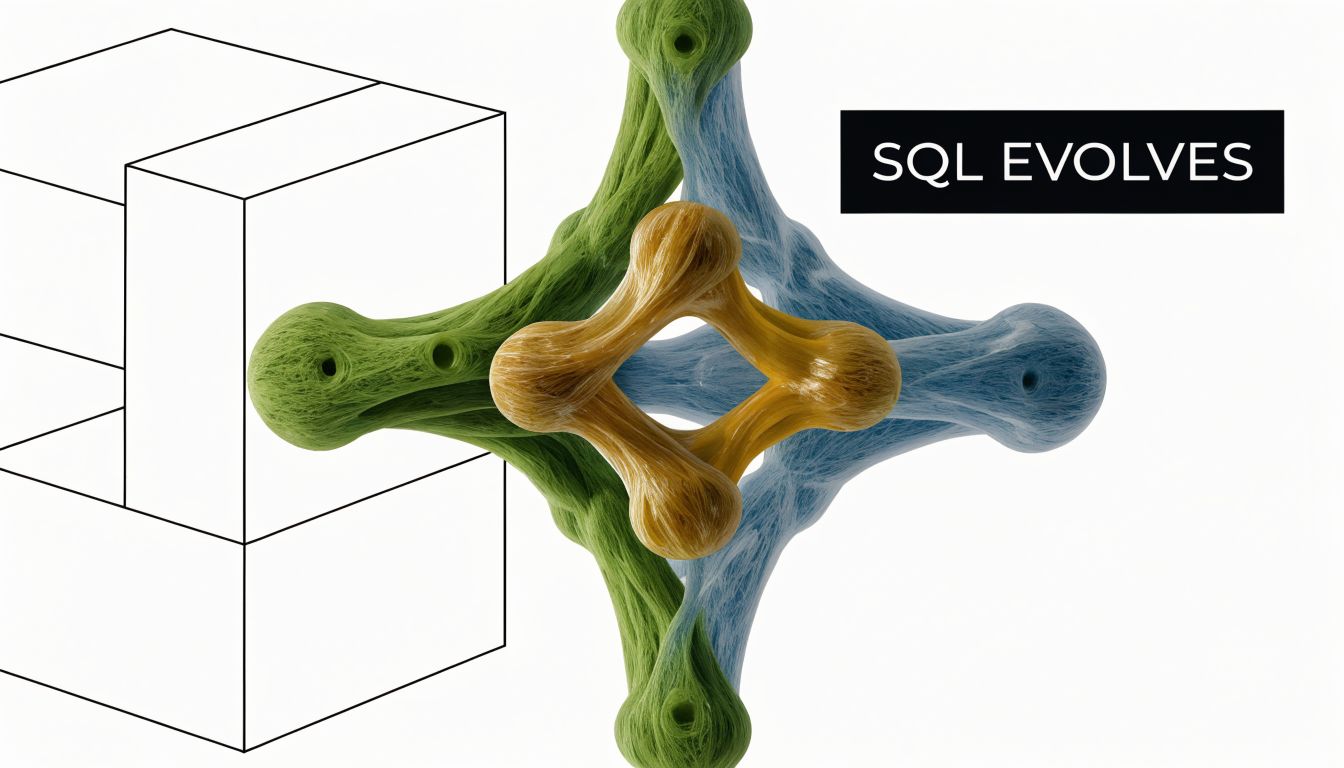A 3D abstract graphic featuring interconnected fiber-like shapes and a black box containing the text SQL EVOLVES.