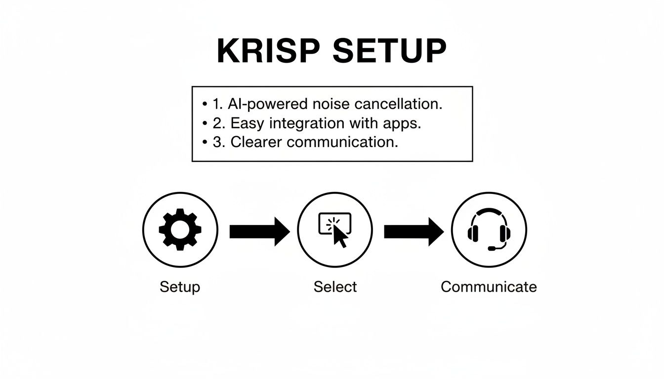 Krisp setup guide outlining AI noise cancellation features and a three-step process: setup, select, communicate.