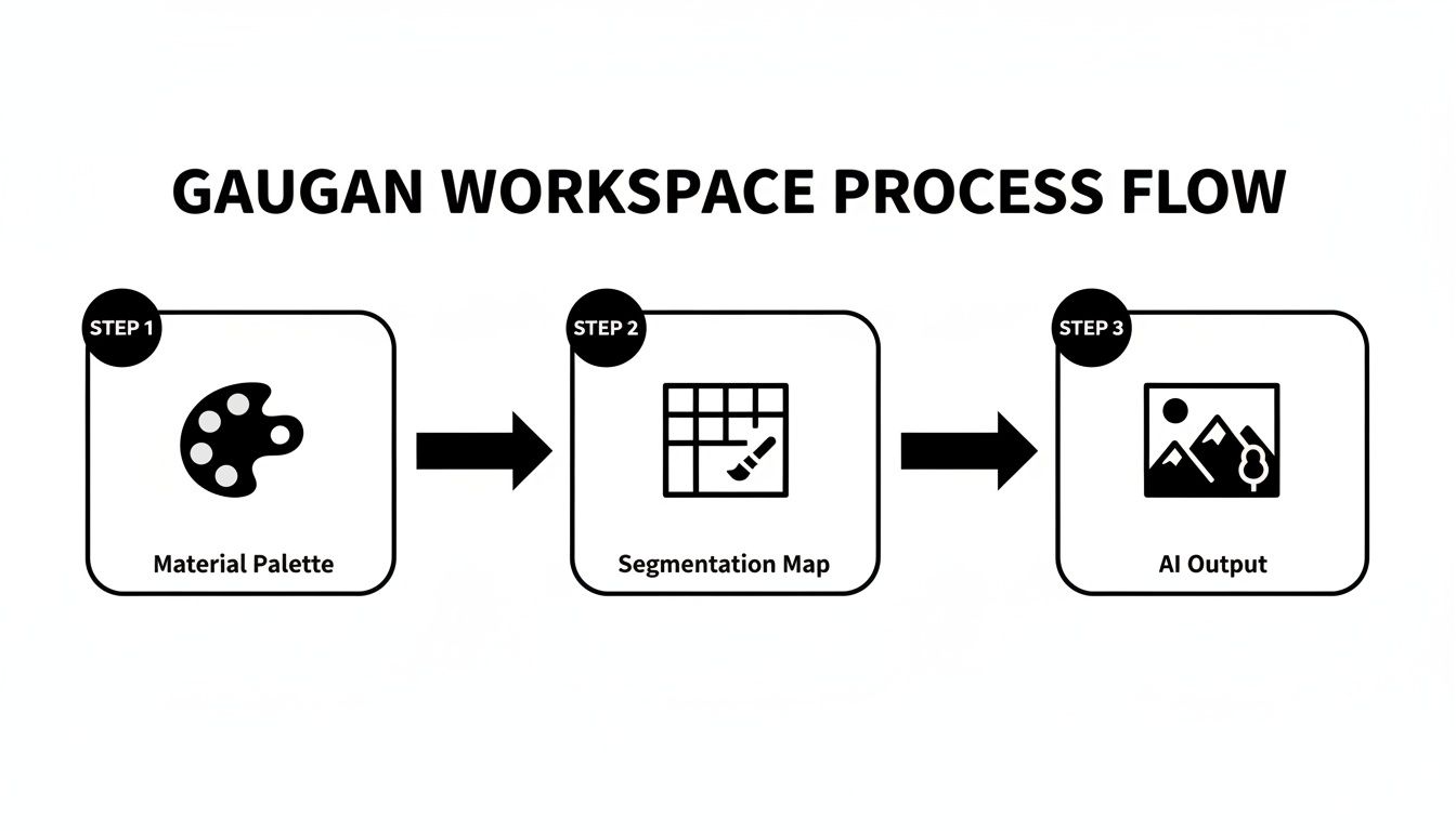 A three-step process flow for GauGAN workspace showing material palette, segmentation map, and AI output.