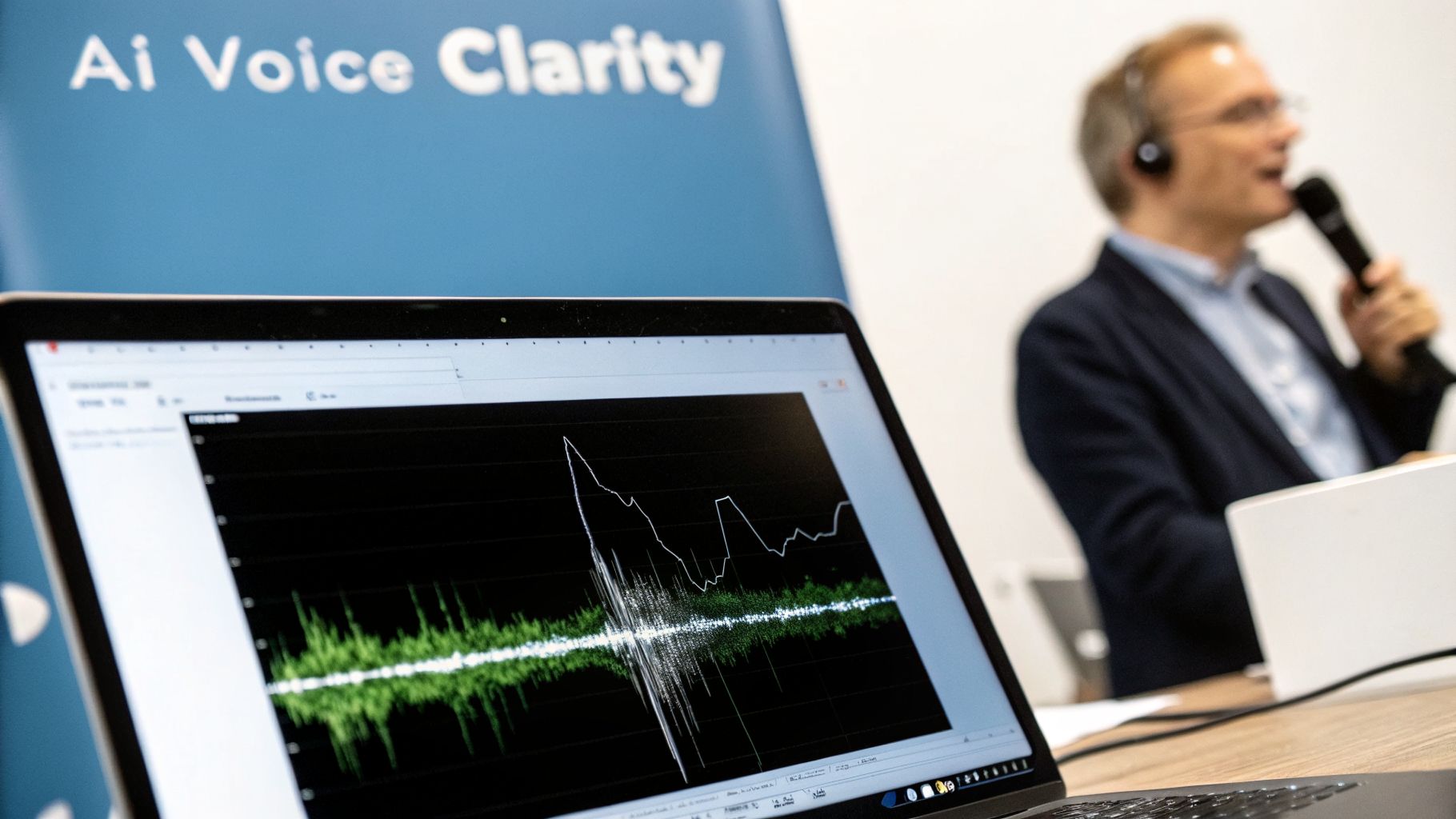 Laptop displaying AI voice clarity software with sound waves, and a speaker with a microphone in the background.