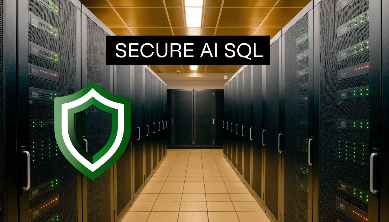 A secure, professional data center server room with high-tech storage racks and a digital security shield icon.