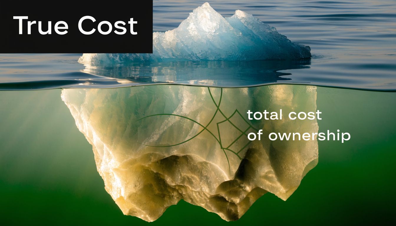 A visual representation of an iceberg illustrating the concept of true cost versus total cost of ownership.