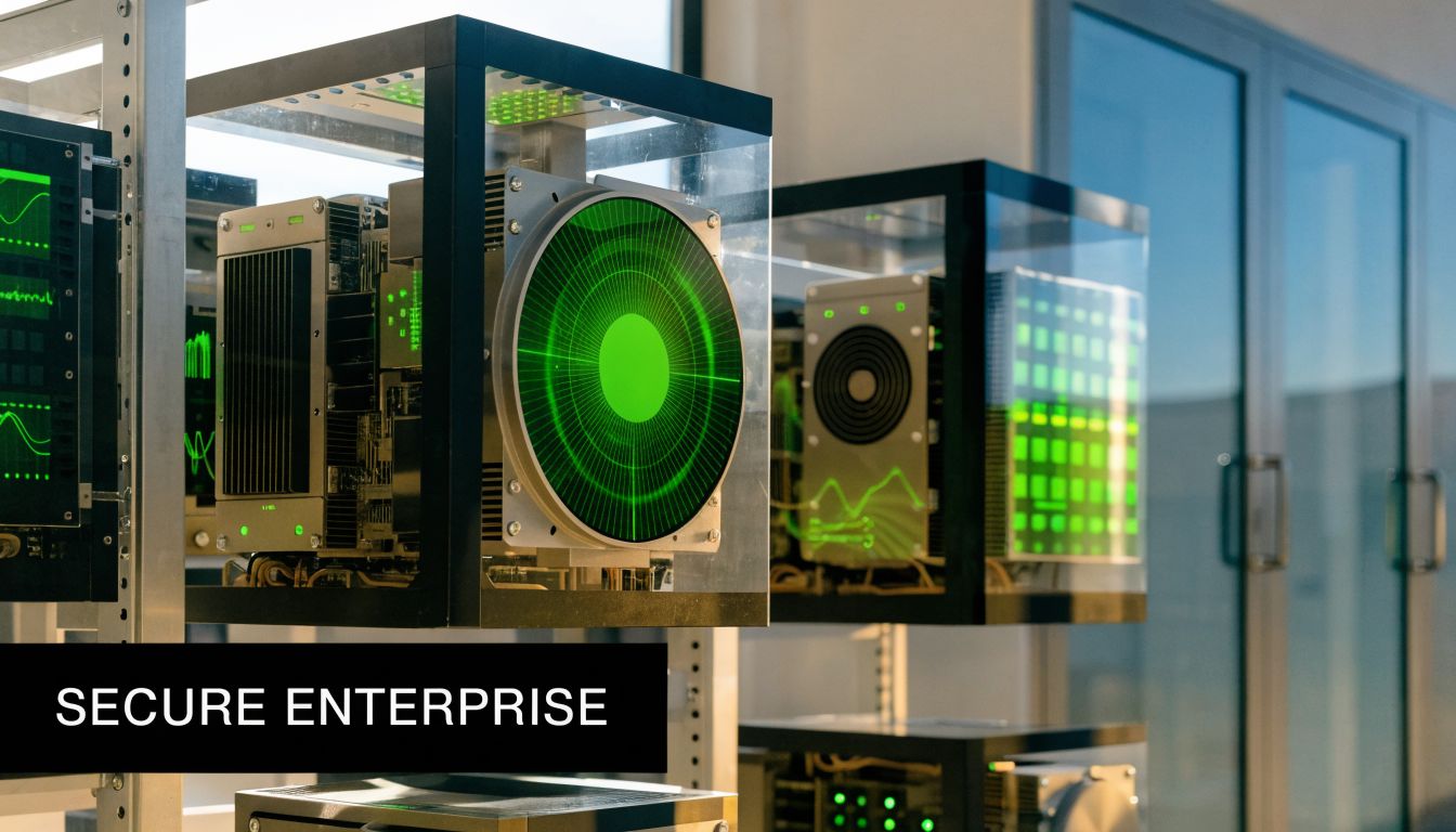 Advanced server equipment featuring glowing green radar displays housed inside protective glass cases in a data center.