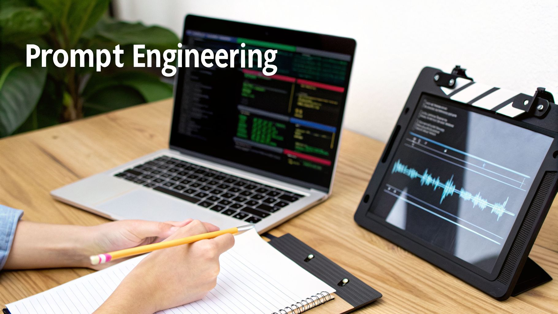 Person writing notes on a desk with a laptop and tablet, text says Prompt Engineering.