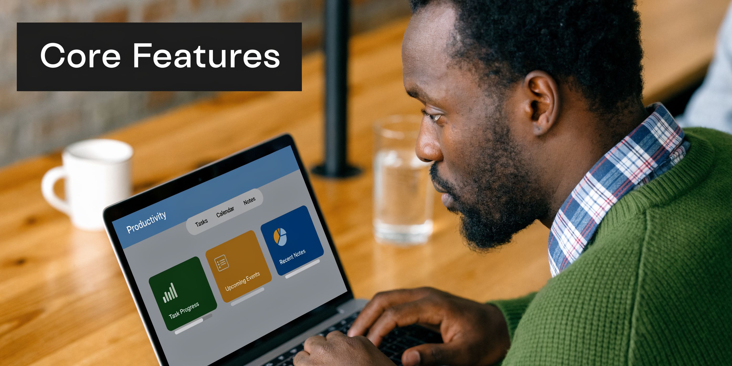 A man working on his laptop while viewing a productivity dashboard with task and notes features.