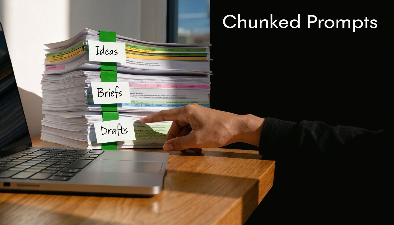 A hand pointing to a stack of papers organized by labels reading Ideas, Briefs, and Drafts.