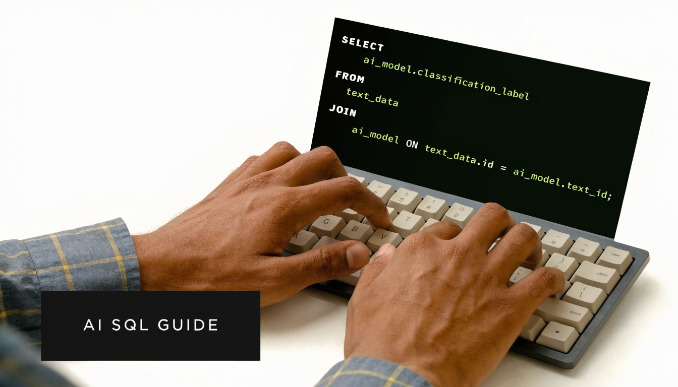 A person typing SQL code on a mechanical keyboard for an artificial intelligence project guide.