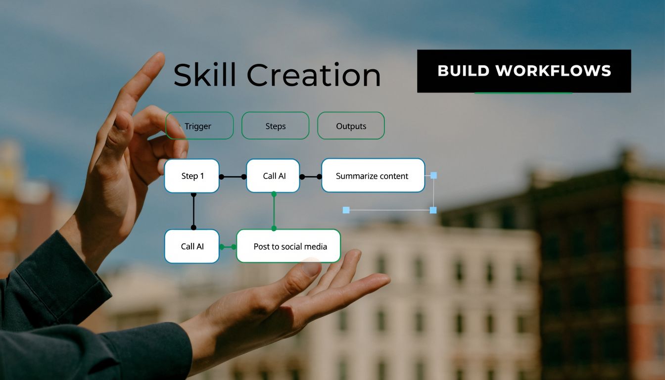 A digital overlay illustrating a workflow automation diagram titled Skill Creation against a blurred cityscape background.
