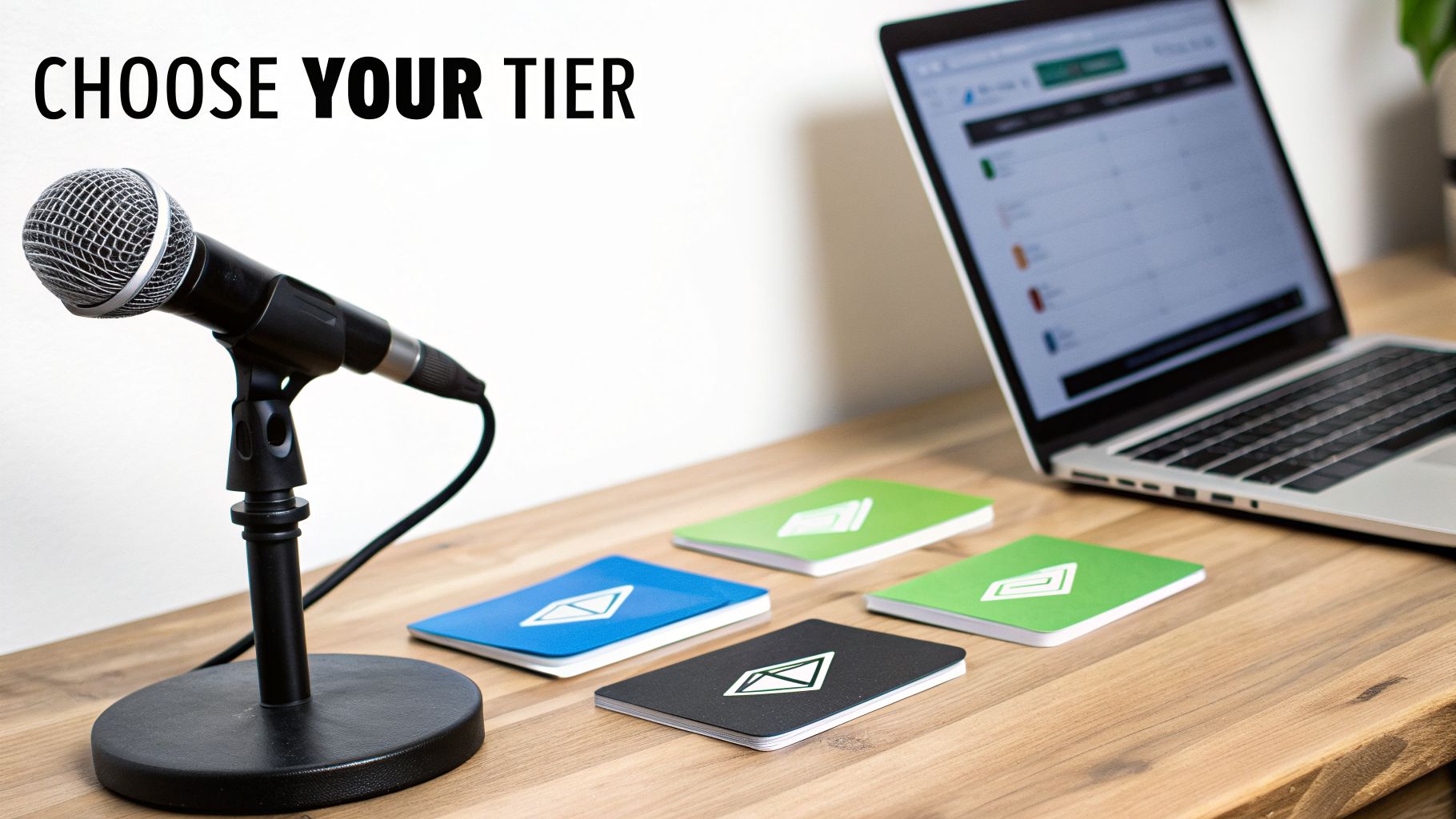 A microphone, colorful notebooks with logos, and a laptop on a wooden desk, with text 'CHOOSE YOUR TIER'.
