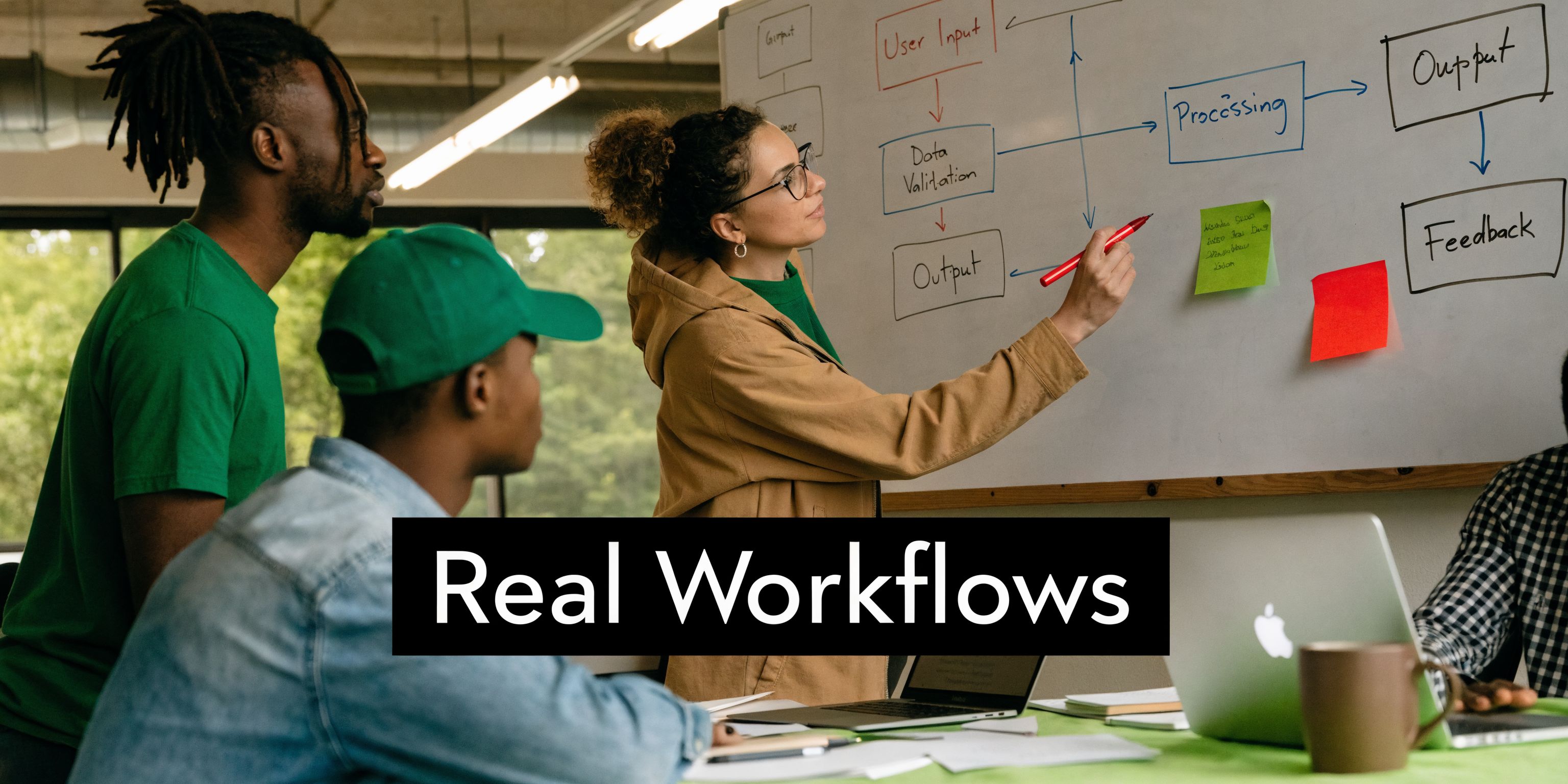 A professional team collaboratively brainstorming a workflow process diagram on a whiteboard in a modern office space.