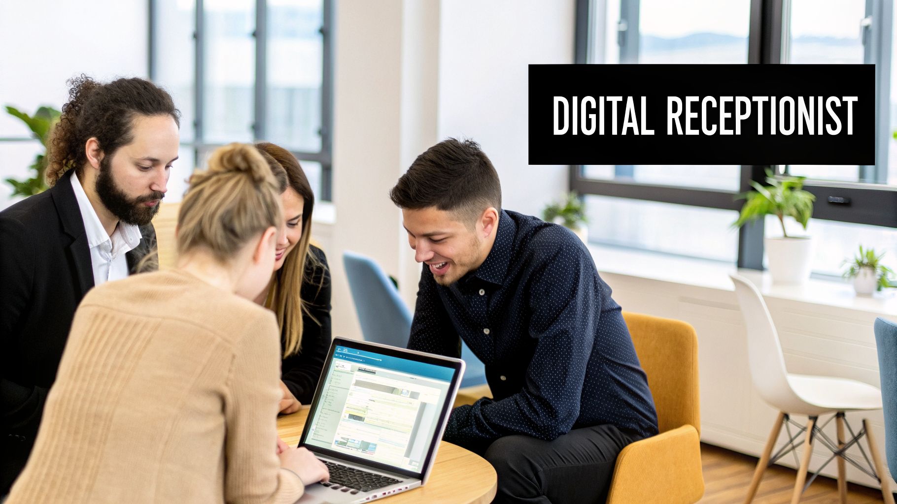 Four colleagues collaborate around a laptop in a bright office, displaying 'Digital Receptionist' on screen.
