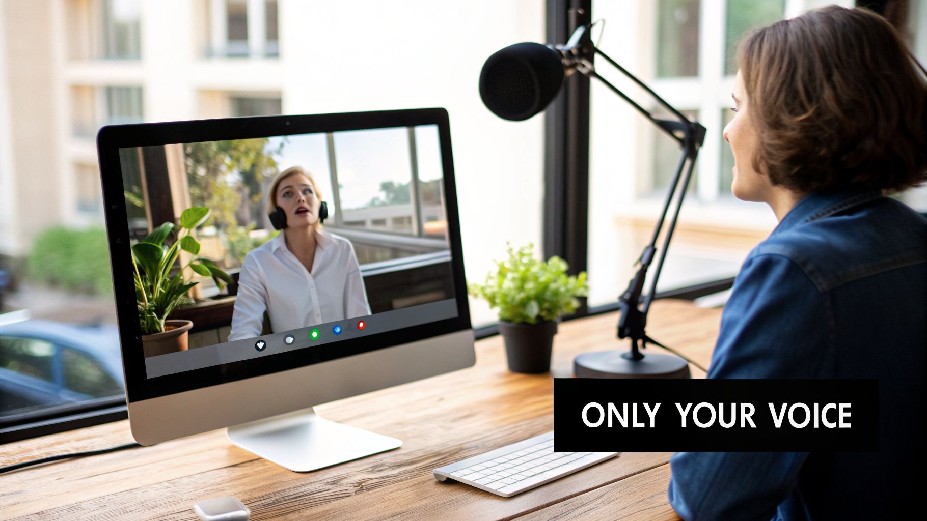 A person watches a video call on a monitor with a microphone nearby, showcasing audio communication.