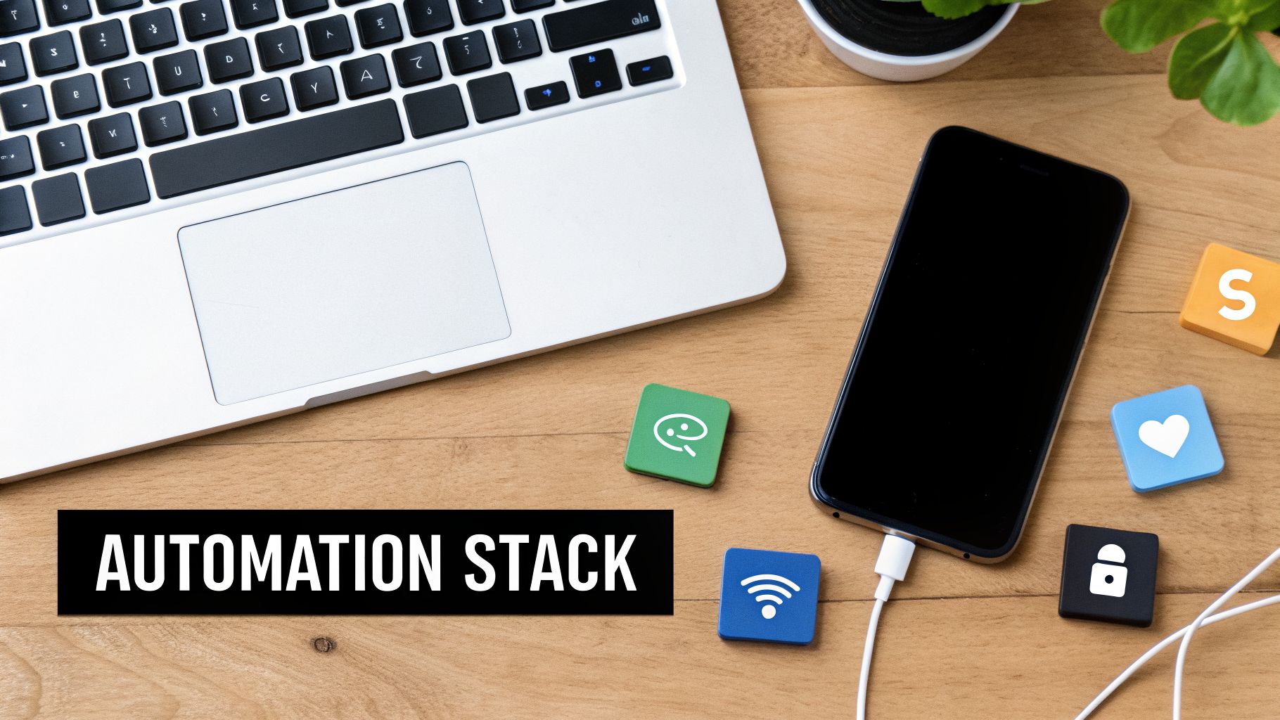 A flat lay shows a laptop, smartphone, and icon blocks on a wooden desk, symbolizing an automation stack.