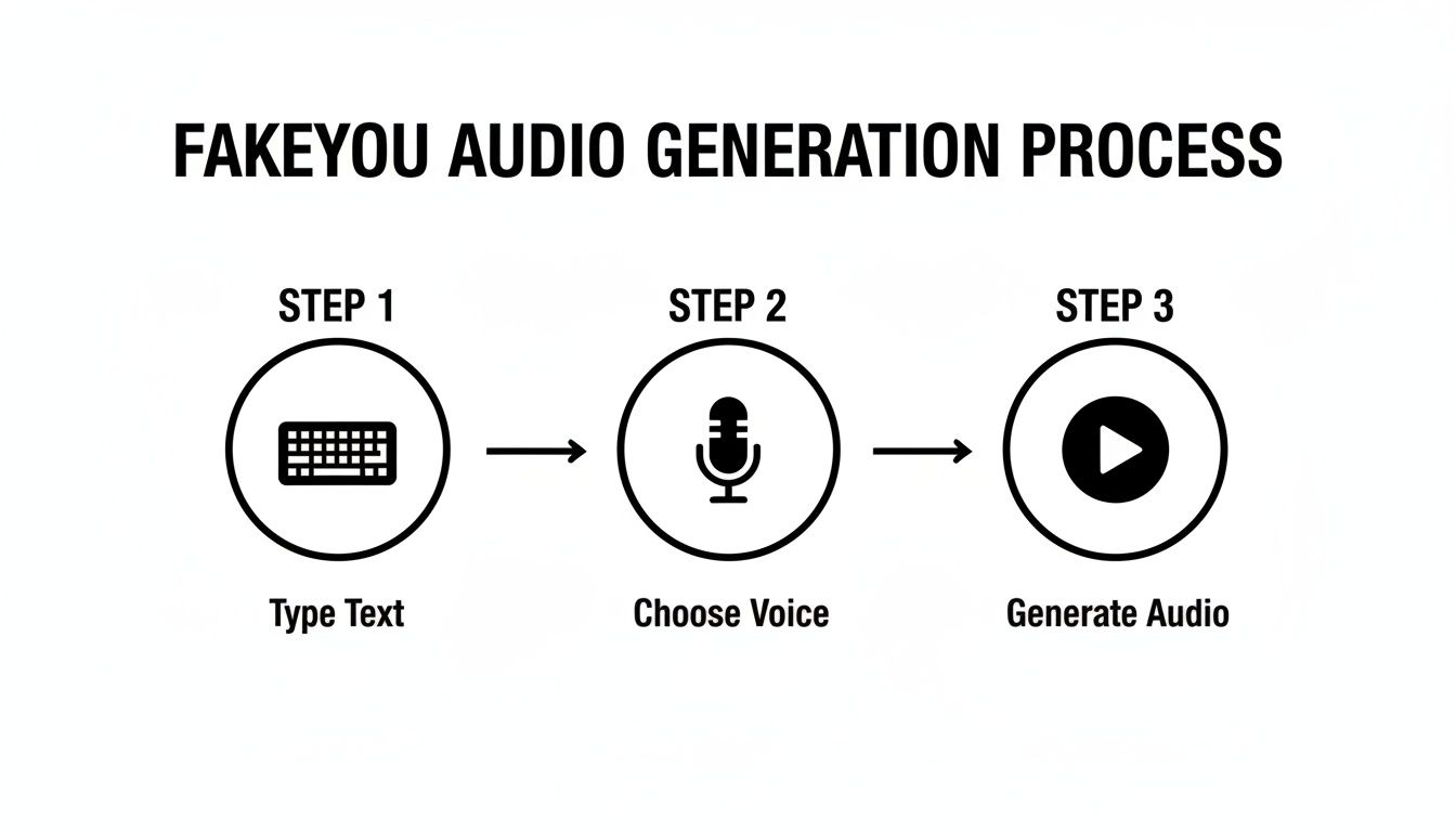 Diagram illustrating FakeYou audio generation process: type text, choose voice, and generate audio.