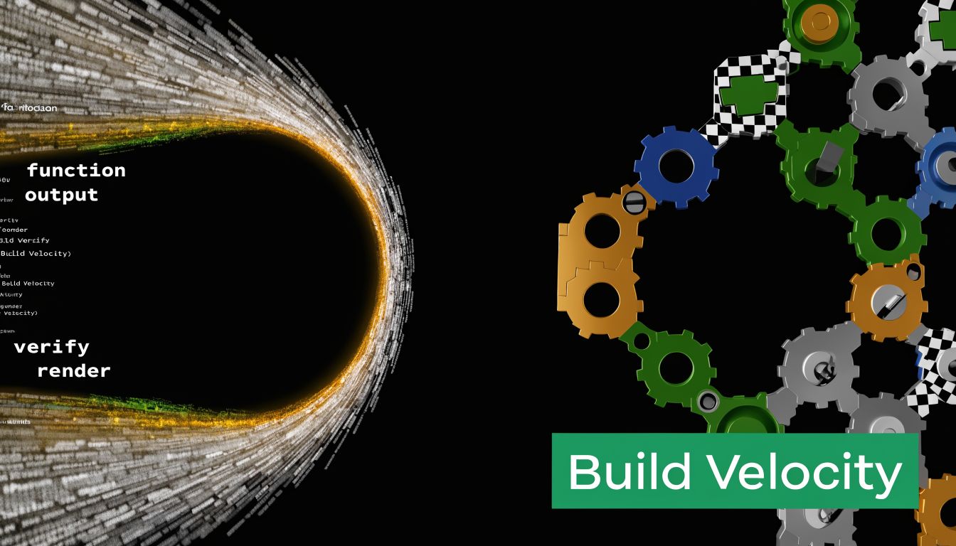 An abstract graphic featuring gears and code text representing the concept of build velocity and software development processes.