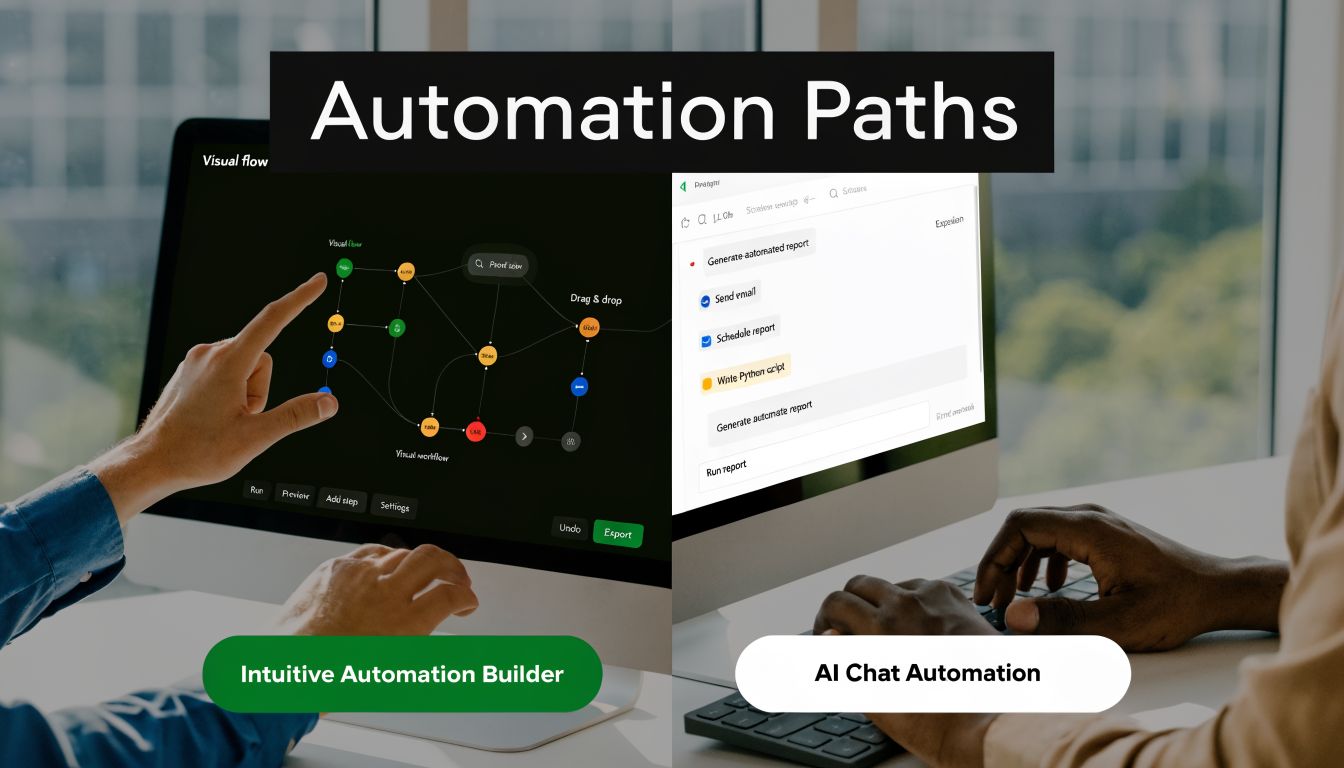 A split-screen view showing visual automation workflow builder and an AI chat interface for task automation.