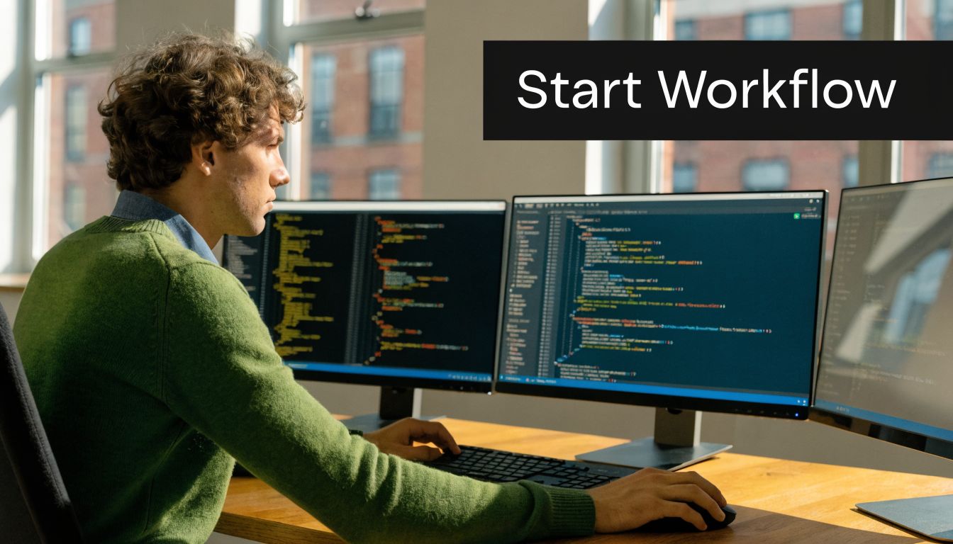 A professional software developer working on code in a modern office using multiple computer monitors.