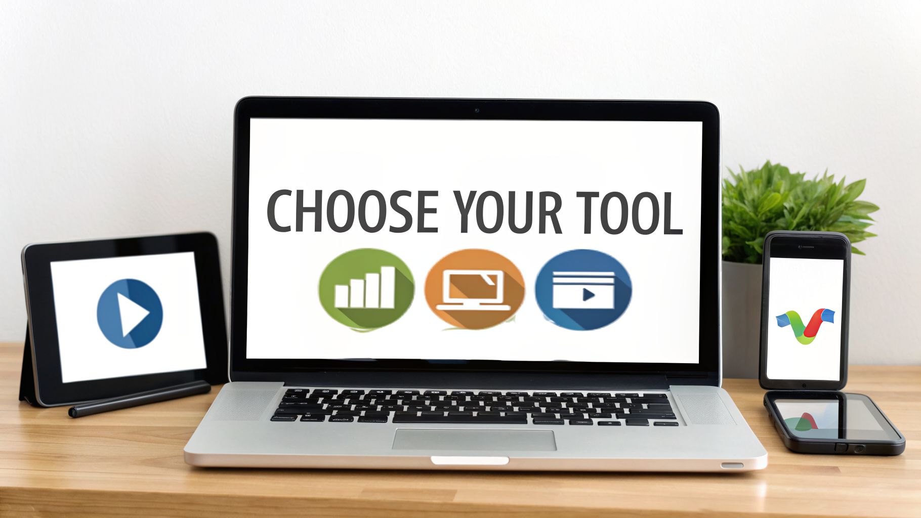A laptop, tablet, and smartphone on a wooden desk, with screens displaying 'Choose Your Tool' and various icons.
