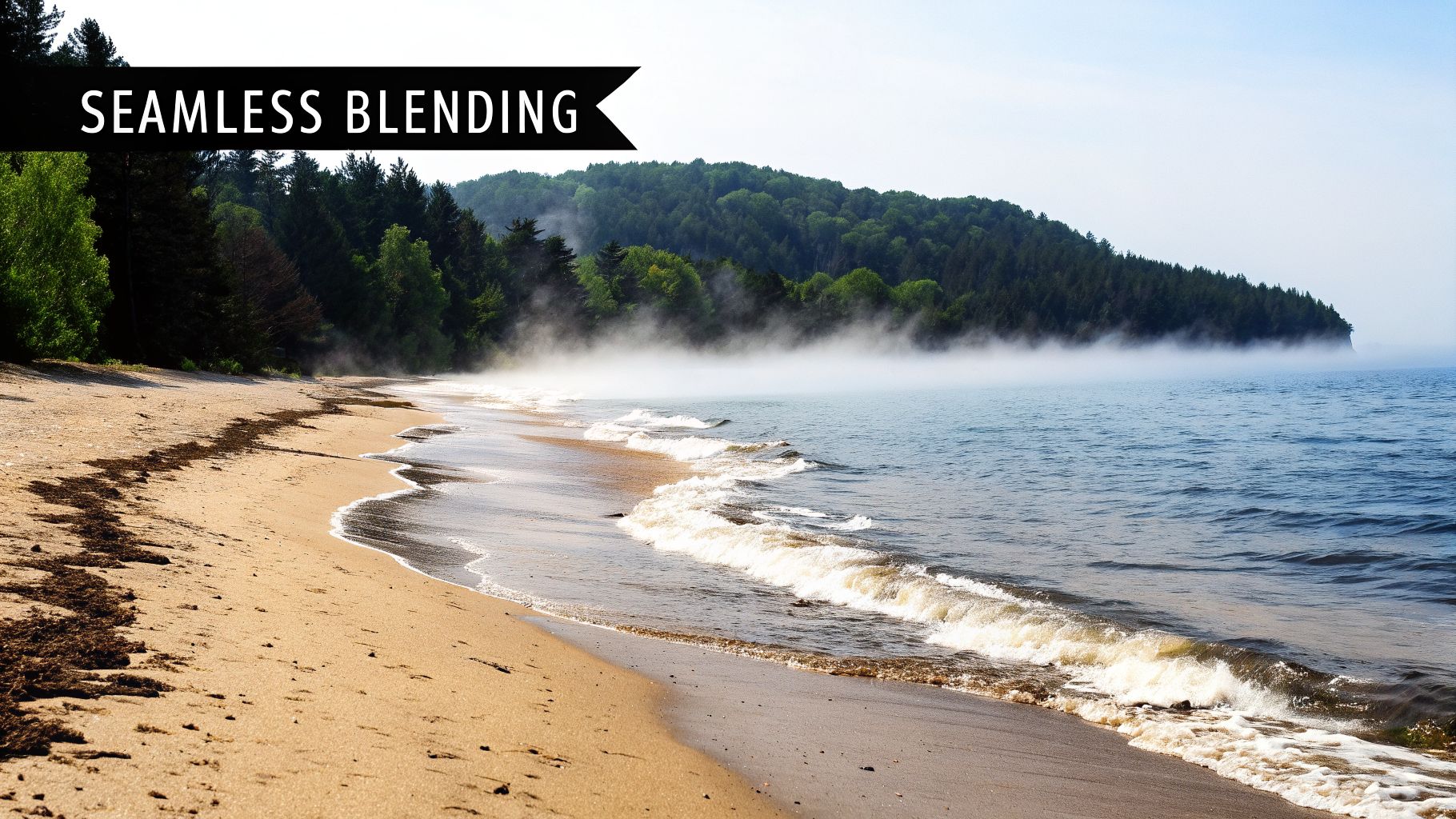 A scenic beach with sand and waves, forest hills, and a misty lake, featuring a "SEAMLESS BLENDING" banner.