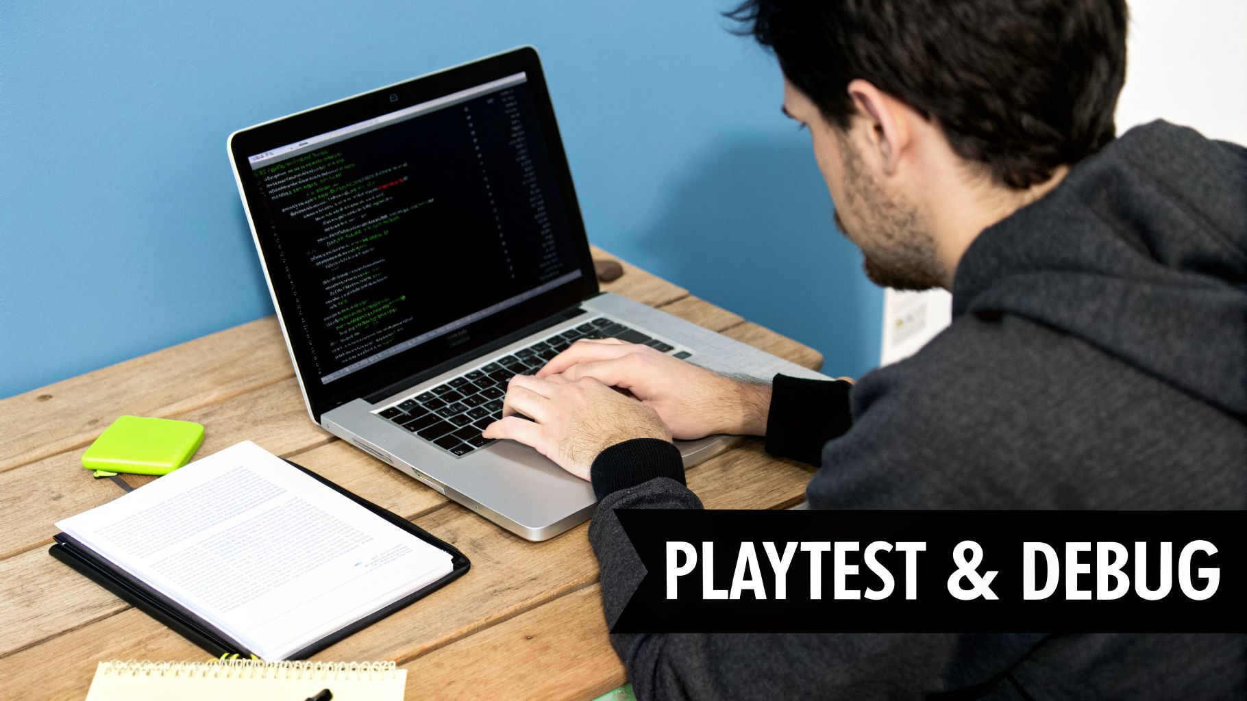 A developer codes on a laptop at a wooden desk for playtesting and debugging, with documents nearby.