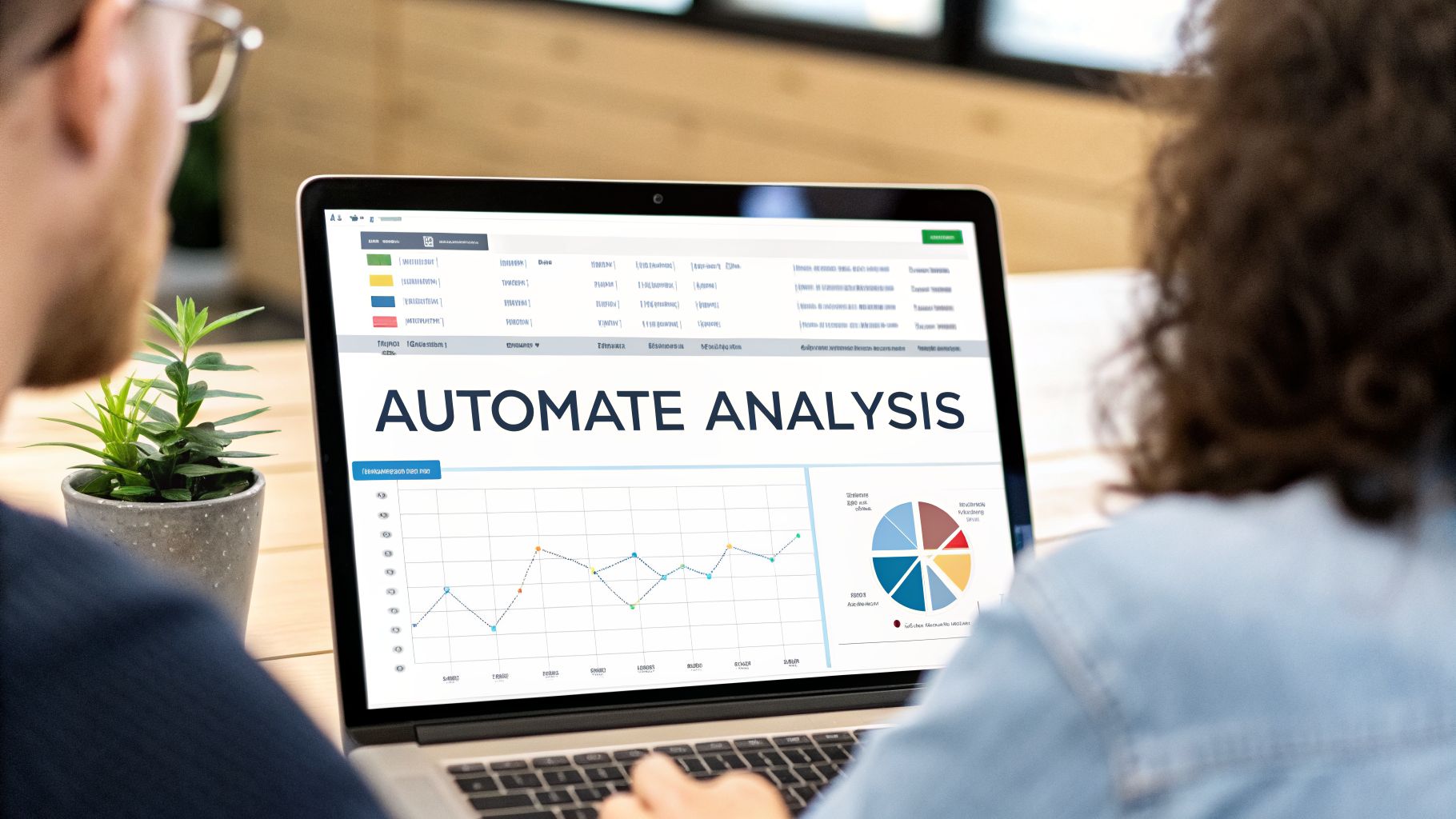 Two people looking at a laptop screen displaying 'AUTOMATE ANALYSIS' with various data charts.