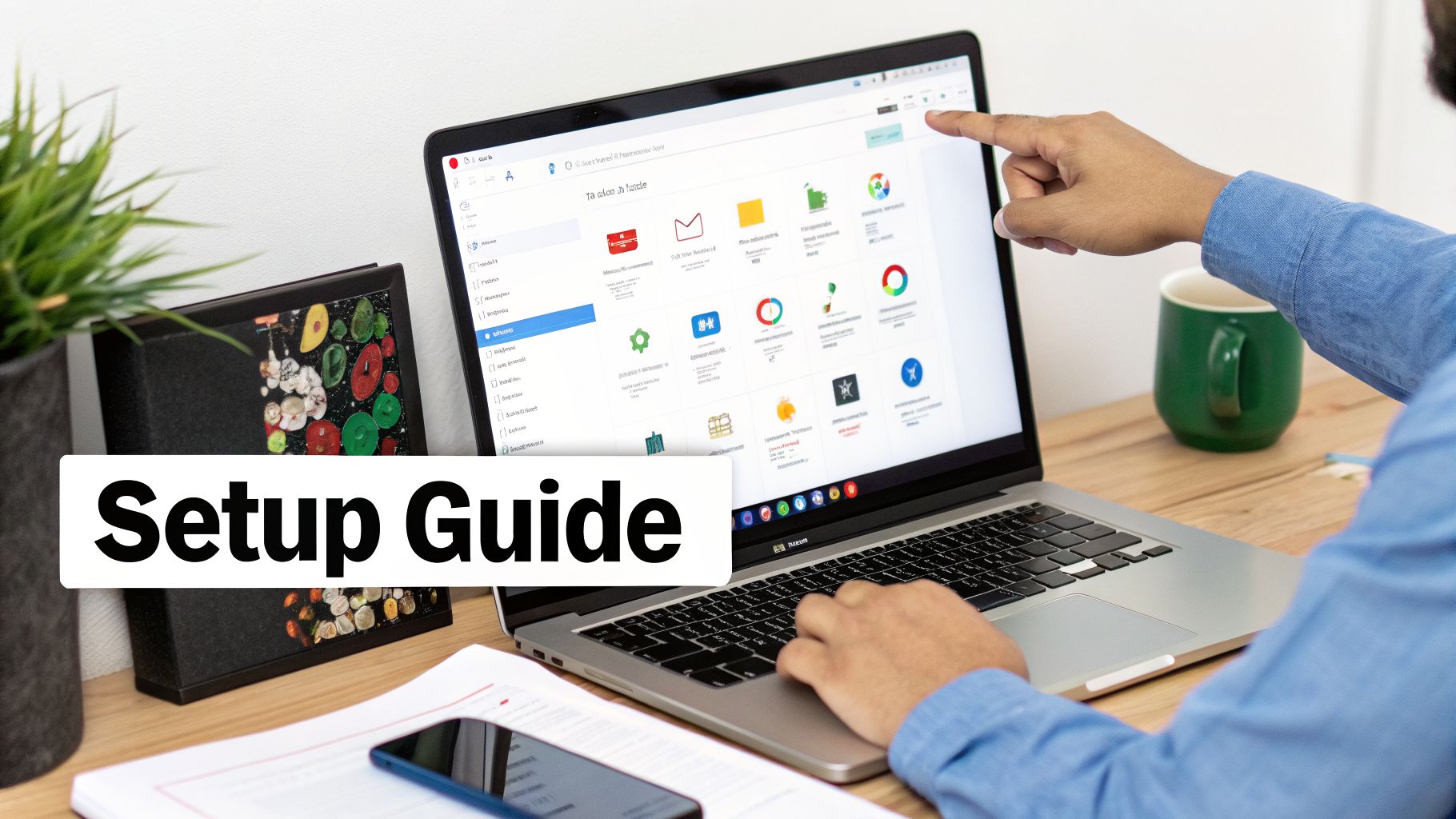 A person's hand points at a laptop screen displaying a grid of app icons for a setup guide.