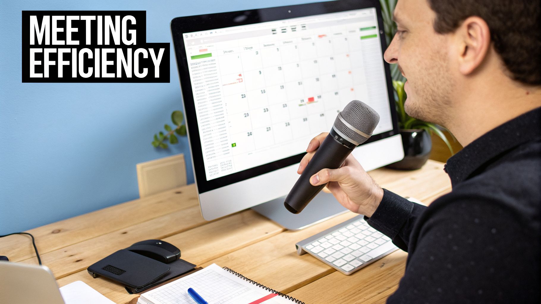 A man holds a microphone, viewing a digital calendar on a desktop screen, with "MEETING EFFICIENCY" overlay.