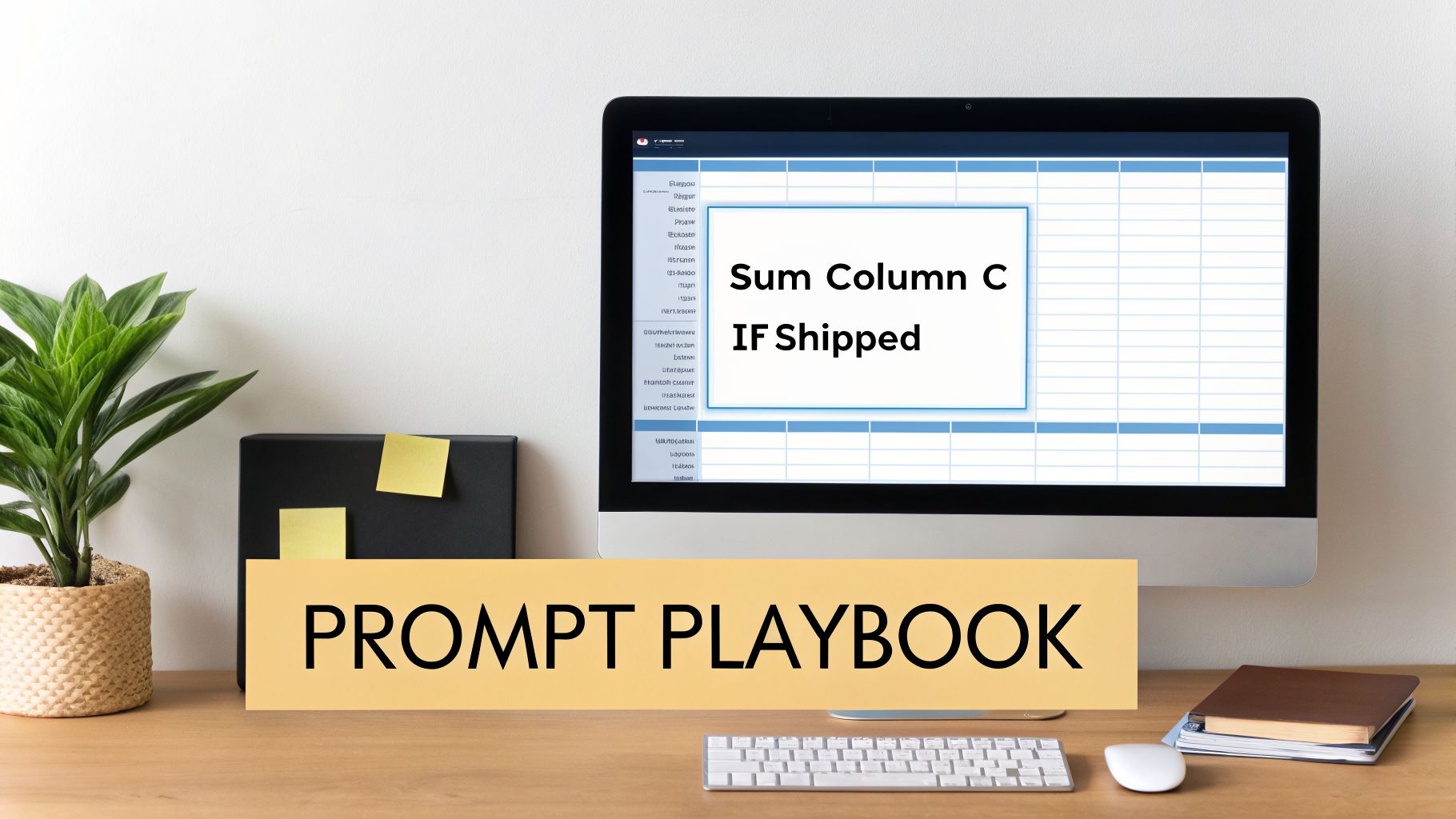 A computer screen displays an Excel spreadsheet with the text 'Sum Column C IF Shipped' on a wooden desk.