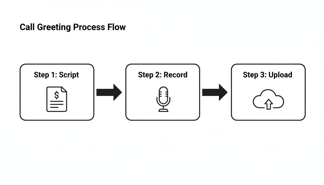 A call greeting process flow chart with three steps: script writing, recording audio, and uploading to cloud.