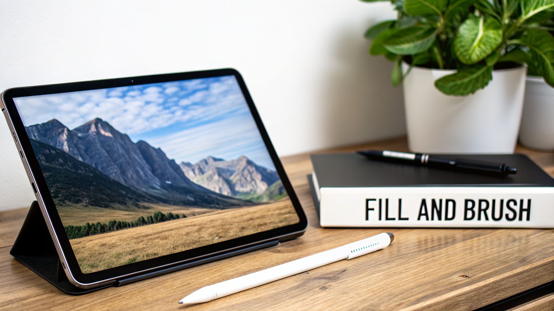 An iPad displaying a mountain landscape, an Apple Pencil, and a 'Fill and Brush' book on a wooden desk.