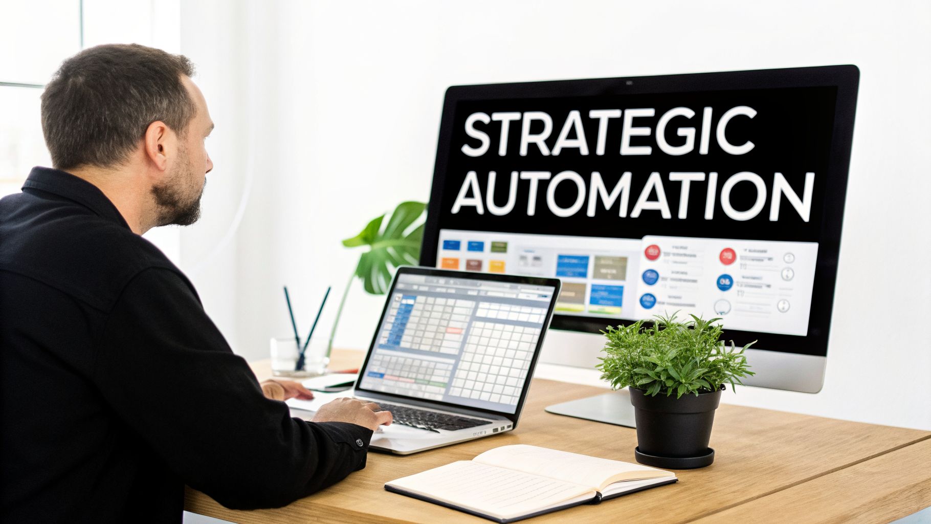 Man working on a laptop at a desk with a monitor displaying 'Strategic Automation' and charts.