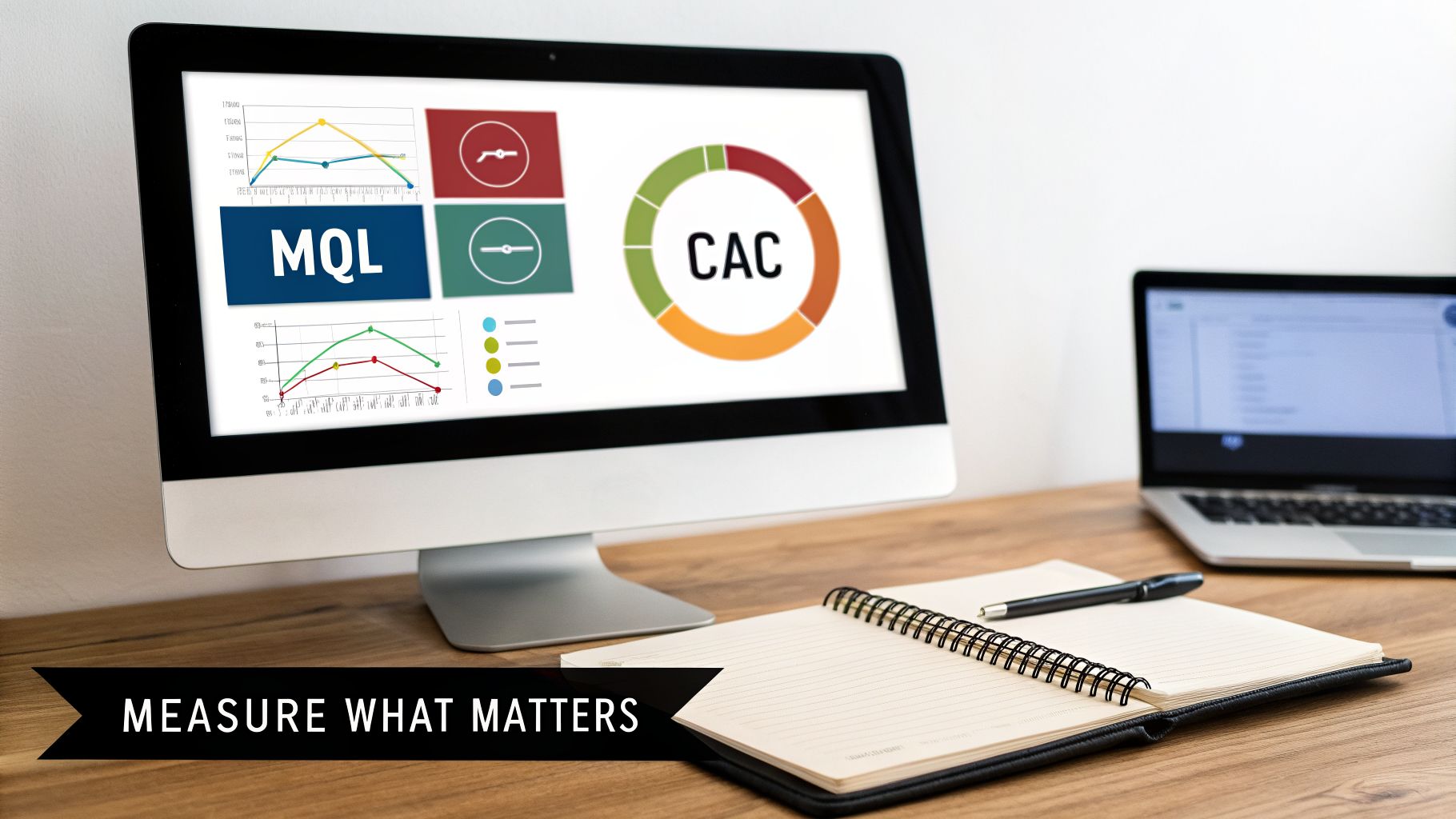 A computer monitor displays graphs and metrics including MQL and CAC, alongside a notebook and laptop.