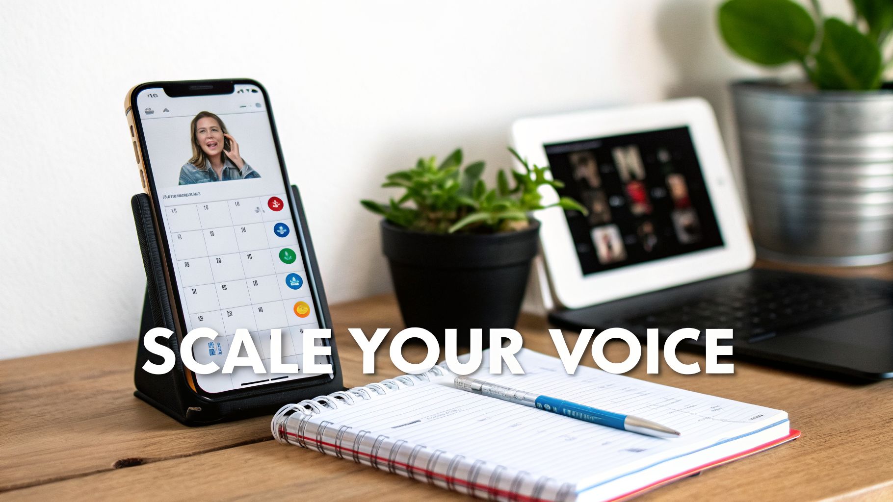 A modern workspace with a smartphone displaying a video call, a laptop, and a notepad, with 'SCALE YOUR VOICE' text.
