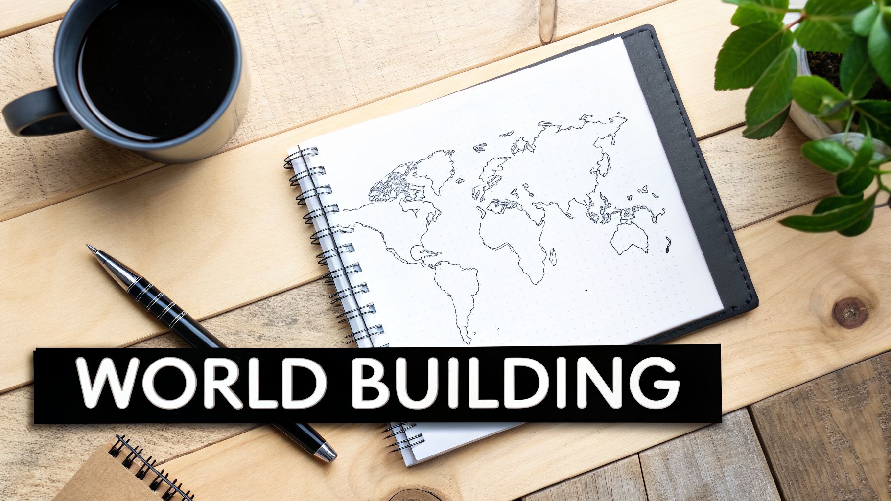 Overhead shot of a wooden desk with a coffee mug, pen, notebook with world map, and a plant, text 'WORLD BUILDING'.