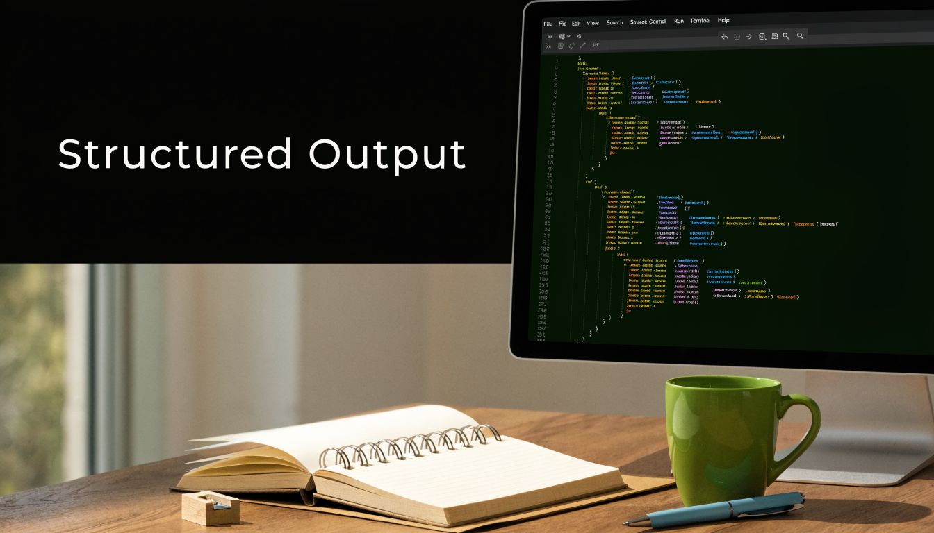 A workspace featuring a computer screen showing code, a notebook, and a green coffee mug.