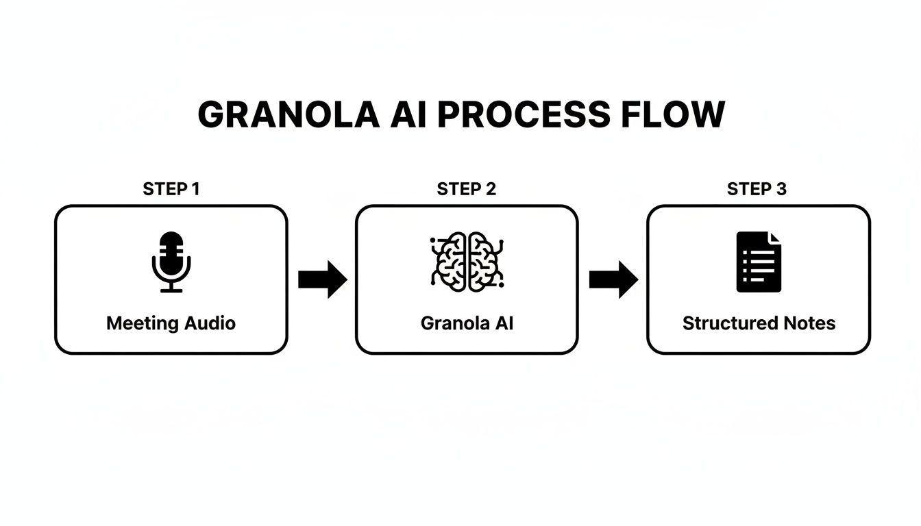 A Granola AI process flow diagram showing meeting audio as input, processed by Granola AI, resulting in structured notes.